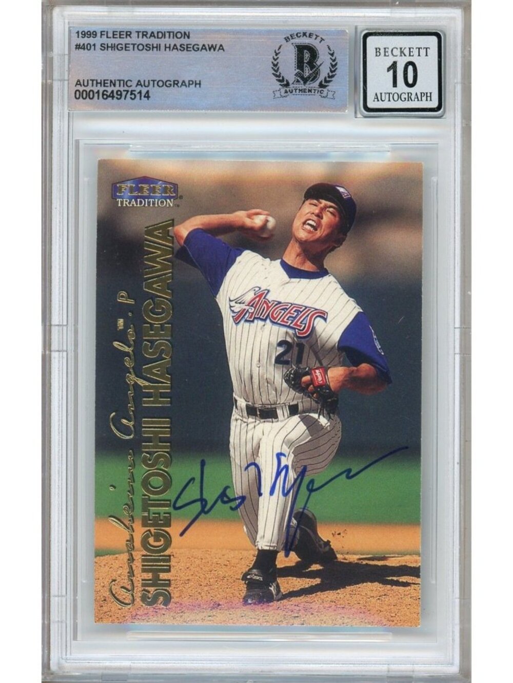 Shigetoshi Hasegawa Signed 1999 Fleer Tradition #401 Angels BAS Slab BGS Auto 10